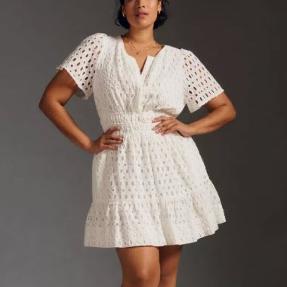 Anthropologie The Somerset Mini Dress Eyelet Edition Tier Smock White 3X NWT